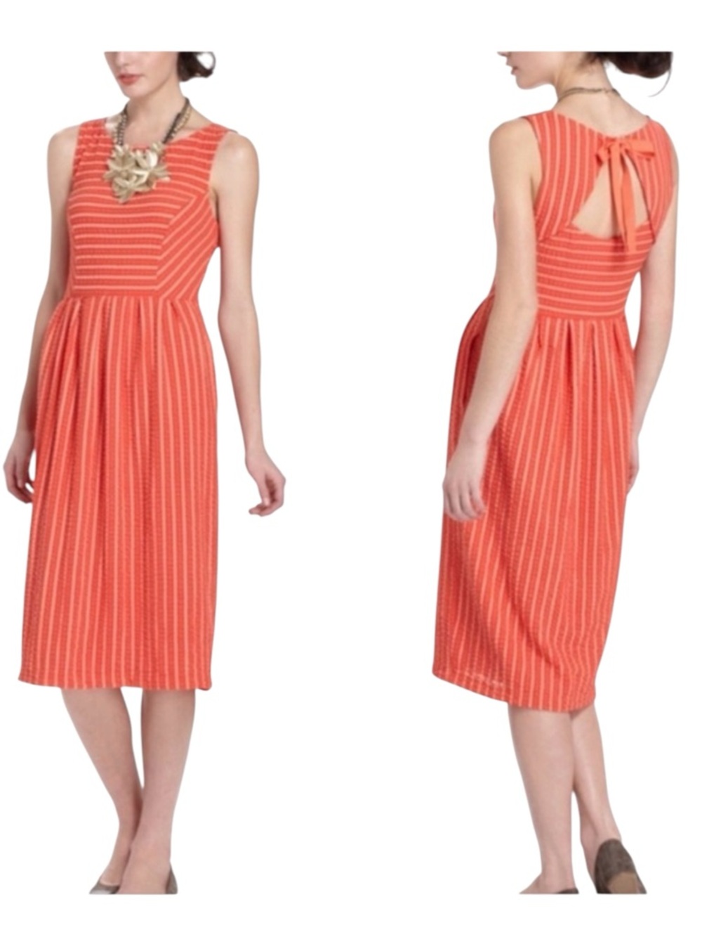 ANTHROPOLOGIE Postmark Retro Ribbon Striped Orange Midi Dress Pockets A-Line
